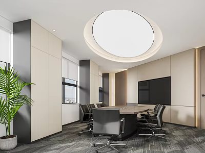 Modern Conference Room With Round Chandelier Long Table Black Chairs Green Plant And TV Wall 3d model