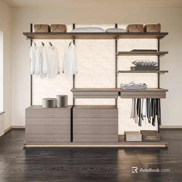 Modern Light Wood Wardrobe Interior With Drawers Shelves Hanging Shirts And Folded Clothes 3d model 