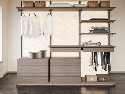 Modern Light Wood Wardrobe Interior With Drawers Shelves Hanging Shirts And Folded Clothes 3d model