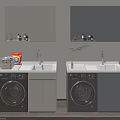 Double Modern Bathroom Vanity Cabinet With Sink Faucet Washing Machine And Gray Cabinets