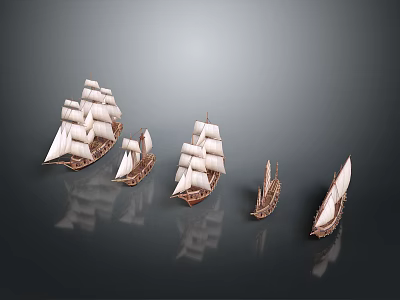 Detailed Sailboat Models Of Various Sizes With White Sails Brown Hulls On Dark Background Reflections 3d model