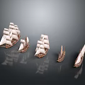 Detailed Sailboat Models Of Various Sizes With White Sails Brown Hulls On Dark Background Reflections