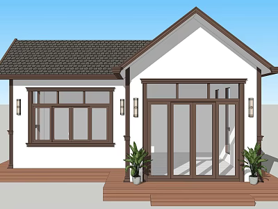 White Exterior Single Family House With Dark Roof Large Glass Door And Wooden Porch 3d model