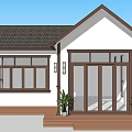 White Exterior Single Family House With Dark Roof Large Glass Door And Wooden Porch