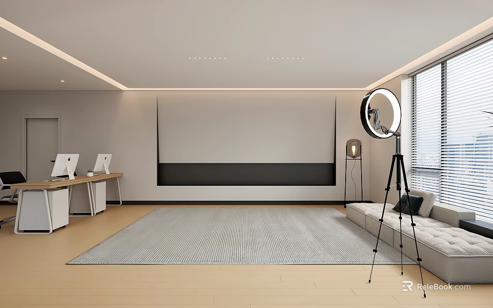 Public Office Space with Workstations Computers White Projection Screen Ring Light Sofa and Large Windows 3d model 