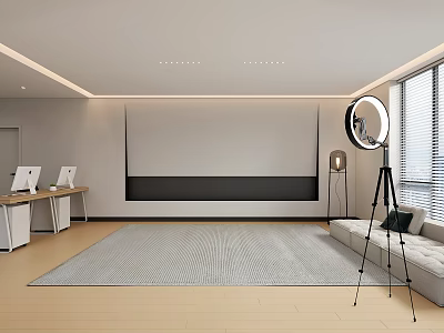 Public Office Space with Workstations Computers White Projection Screen Ring Light Sofa and Large Windows 3d model