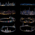 Circular City Skyline Night Views With Illuminated Buildings And Urban Landscapes