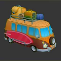 Colorful Cartoon Orange Van With Roof Rack Luggage And Red Surfboard