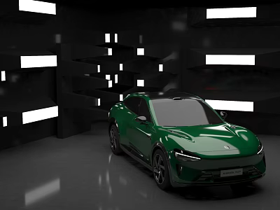 Modern Car Showroom Showcasing Green Car With Sleek Design And Modern Lighting 3d model