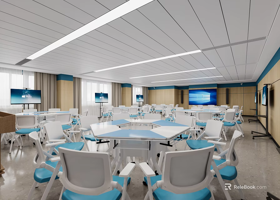 Modern Conference Room With White Tables Blue Chairs Multiple Screens And Wooden Cabinets 3d model 
