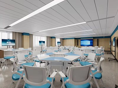Modern Conference Room With White Tables Blue Chairs Multiple Screens And Wooden Cabinets 3d model