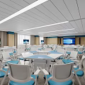 Modern Conference Room With White Tables Blue Chairs Multiple Screens And Wooden Cabinets