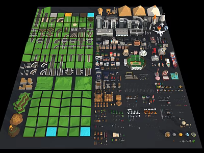 Game Resources Collection Featuring Green Grid Terrain And Diverse Building Assets 3d model