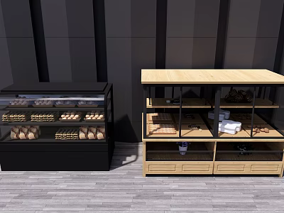 Wooden Shelves And Glass Display Case For Fresh Bread Products In Store 3d model