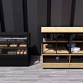 Wooden Shelves And Glass Display Case For Fresh Bread Products In Store