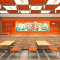 Bright Orange Themed Cantonese Roast Meat Restaurant With Dining Tables Chairs Wall Menus and Decorations
