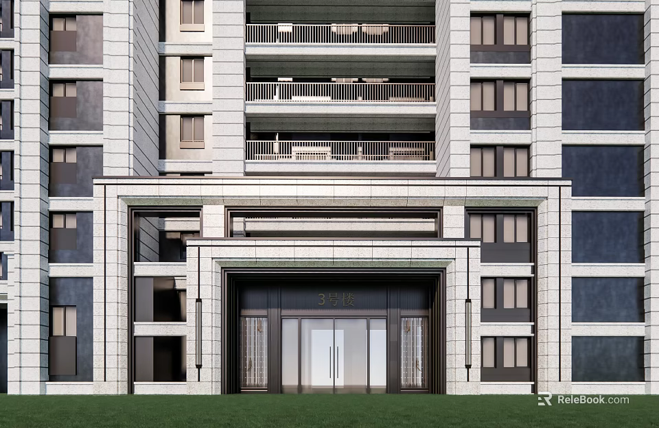 Landscaped Garden At Modern Residential Entrance With Grass Lawn And Greenery 3d model 