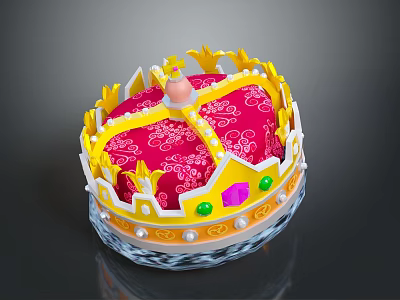 Red Cushion With Yellow Crown Decoration Pearls Green Gemstones And Transparent Crystal Base 3d model