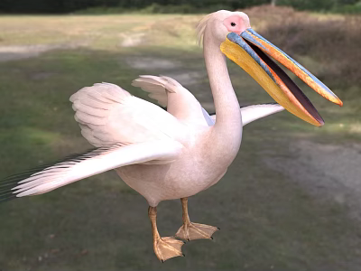 Wild White Pelican Spreading Wings With Large Colorful Beak Standing On Green Grassland 3d model