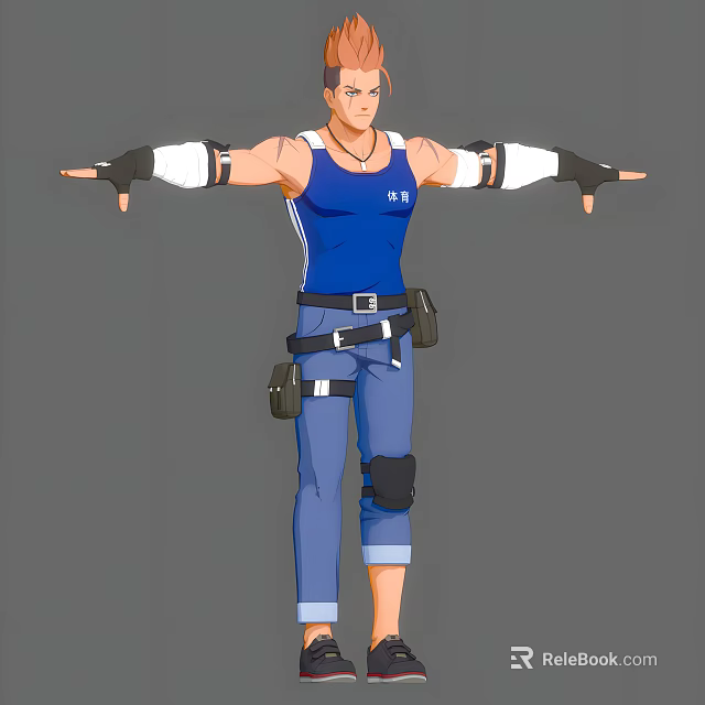 Game And Movie Character Wearing Blue Tank Top White Wrist Wraps Black Knee Pads Belt 3d model 