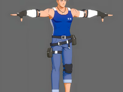 Game And Movie Character Wearing Blue Tank Top White Wrist Wraps Black Knee Pads Belt 3d model