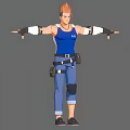 Game And Movie Character Wearing Blue Tank Top White Wrist Wraps Black Knee Pads Belt