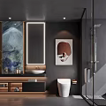 Modern Bathroom Interior With Double Vanity Backlit Mirrors Decorative Artwork Glass Shower And Freestanding Bathtub