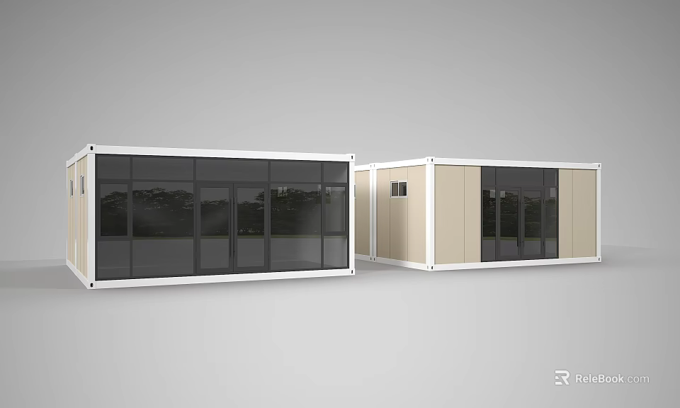 Construction Site Temporary Container Buildings With Large Glass Windows And Beige Exterior 3d model 