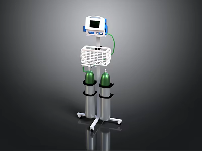 Medical Equipment Stand With Display Screen Basket And Green Gas Cylinders 3d model