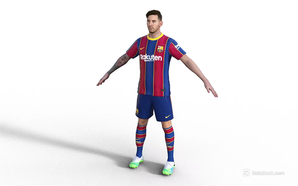 Man Wearing Red And Blue Striped Barcelona Jersey Blue Shorts Striped Socks Green Cleats 3d model 
