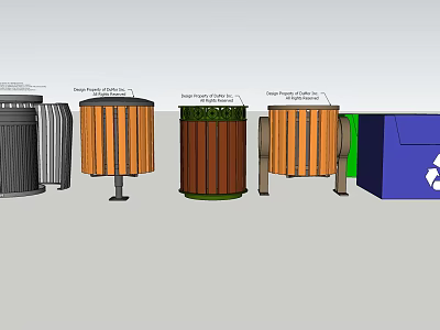 Public Facilities With Various Trash Bins In Metal And Wooden Materials For Public Areas 3d model