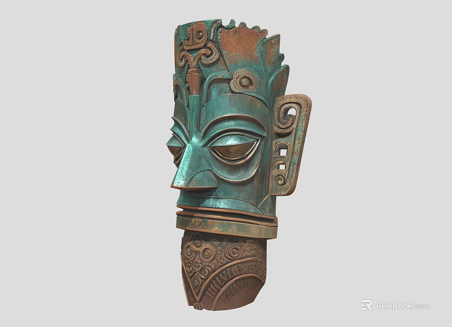 Ornate Tribal Mask Sculpture Carving With Intricate Patterns And Facial Features 3d model 