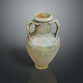 Hand Carved Classical Vase Sculpture With Two Handles And Cracked Blue Green Texture