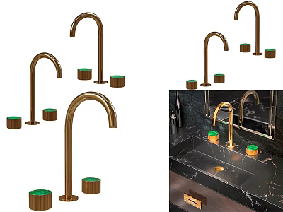 Brass Kitchen Faucets With Green Knobs On Marble Countertop Sink And Mirror 3d model