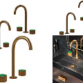 Brass Kitchen Faucets With Green Knobs On Marble Countertop Sink And Mirror
