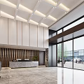 Modern Hotel Lobby Interior With Ceiling Lighting Marble Reception Desk And Large Glass Windows