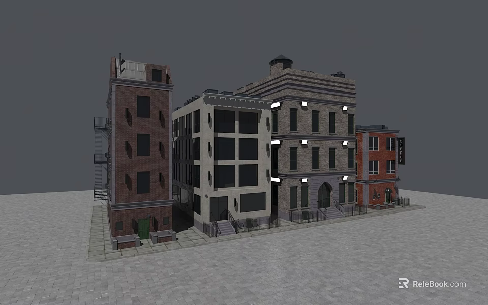 Urban Row Buildings With Red Brick Light Facades And Architectural Details 3d model 