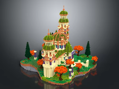 Brick Castle Model With Green Domes Towers Orange And Green Trees And White Decorations 3d model