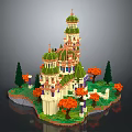 Brick Castle Model With Green Domes Towers Orange And Green Trees And White Decorations