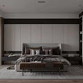 Modern Bedroom Interior Design With Large Bed Wooden Headboard Bench Neutral Tones Rug And Cabinets