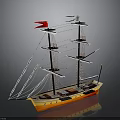Model Sailing Ship with Multiple Masts White Sails and Colored Flags Orange Yellow Hull Design