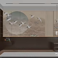 Elegant Modern Chinese Background Wall With Crane Patterns Circular Sun And Wooden Decor