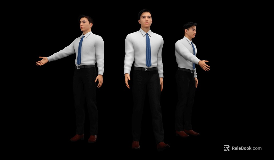 Men In White Shirts Blue Ties Black Pants Brown Shoes Different Poses Black Background 3d model 
