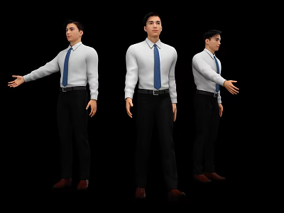 Men In White Shirts Blue Ties Black Pants Brown Shoes Different Poses Black Background 3d model