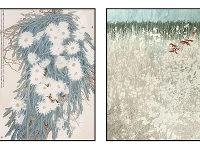 Botanical Paintings with White Flowers Blue Leaves Butterflies and Red Birds in Flower Field 3d model