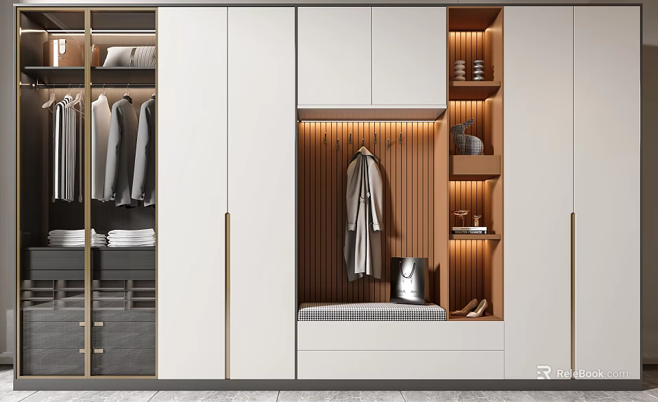 Modern Wardrobe Interior Design With White Cabinets Wooden Shelves Hanging Rails And LED Lighting 3d model 