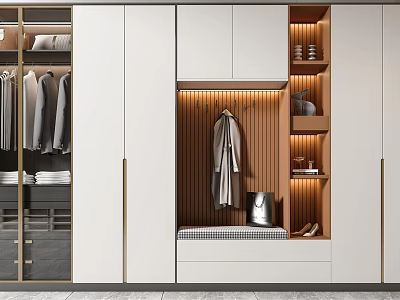 Modern Wardrobe Interior Design With White Cabinets Wooden Shelves Hanging Rails And LED Lighting 3d model
