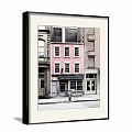 Framed Landscape Painting of Urban Street Scene with Pink Building Windows Shop and Fire Hydrant