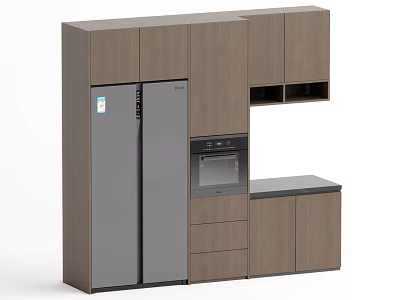 Wooden Sideboard With Double Door Refrigerator Built in Oven Drawers and Cabinets 3d model
