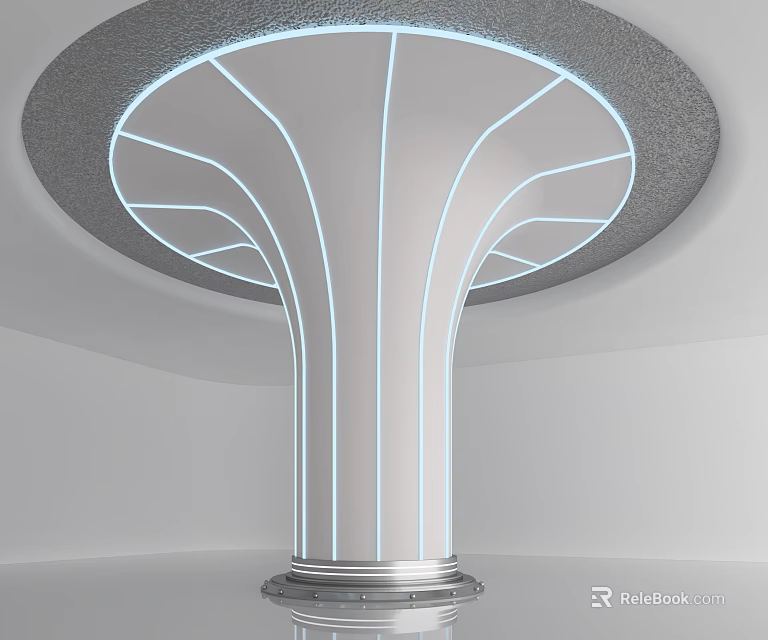 Modern Architectural Column With Curved Design Illuminated Lines Circular Base And Gray Ceiling Detail 3d model 
